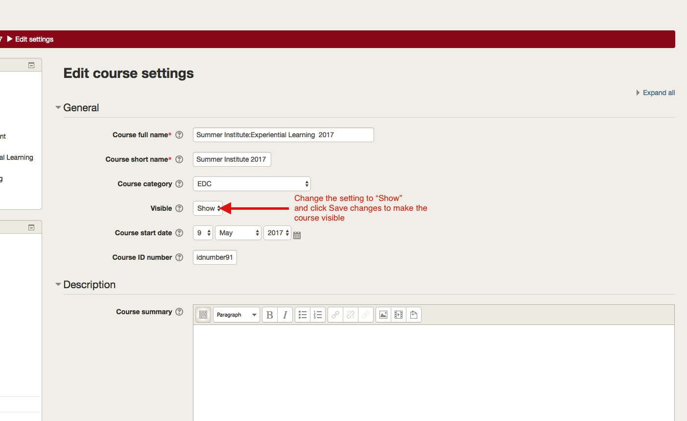 Screen image of the Course Settings Edit page with a red arrow indicating the Visible setting. 
